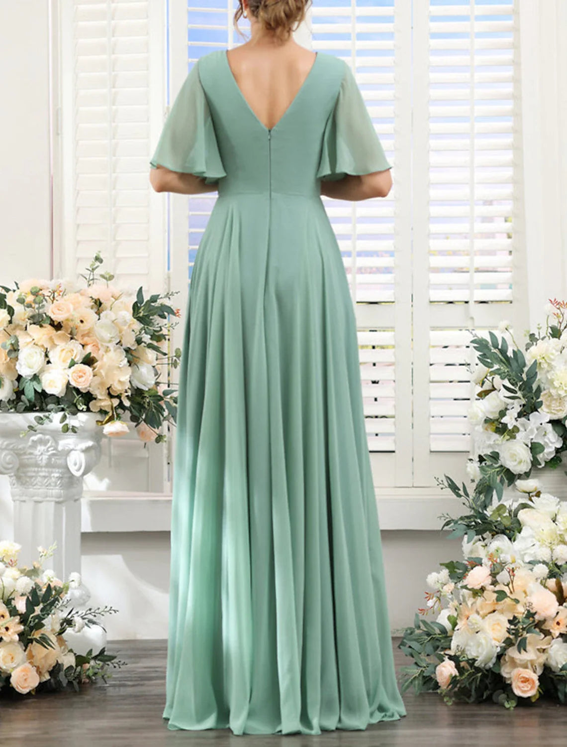 A-Line V-Neck Chiffon Short Sleeve Floor-Length Wedding Dress - Chloe Dress