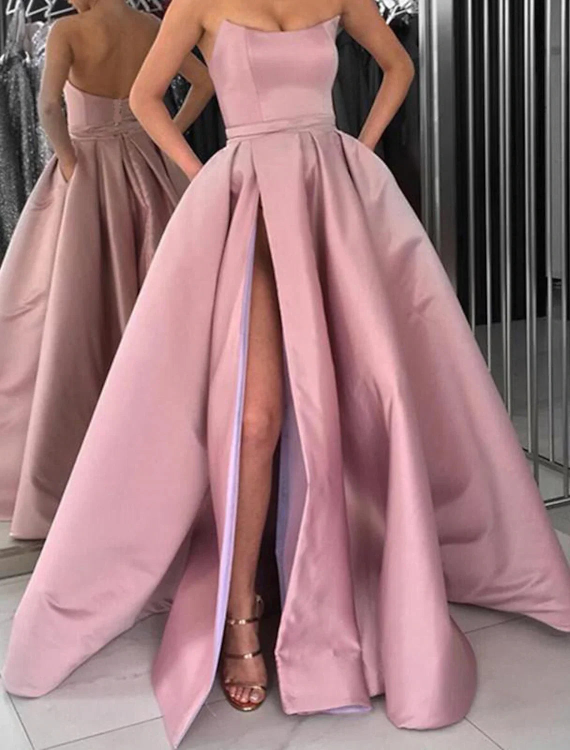 Ball Gown Satin Sleeveless High Slit Floor-Length Prom Gown - Chloe Dress