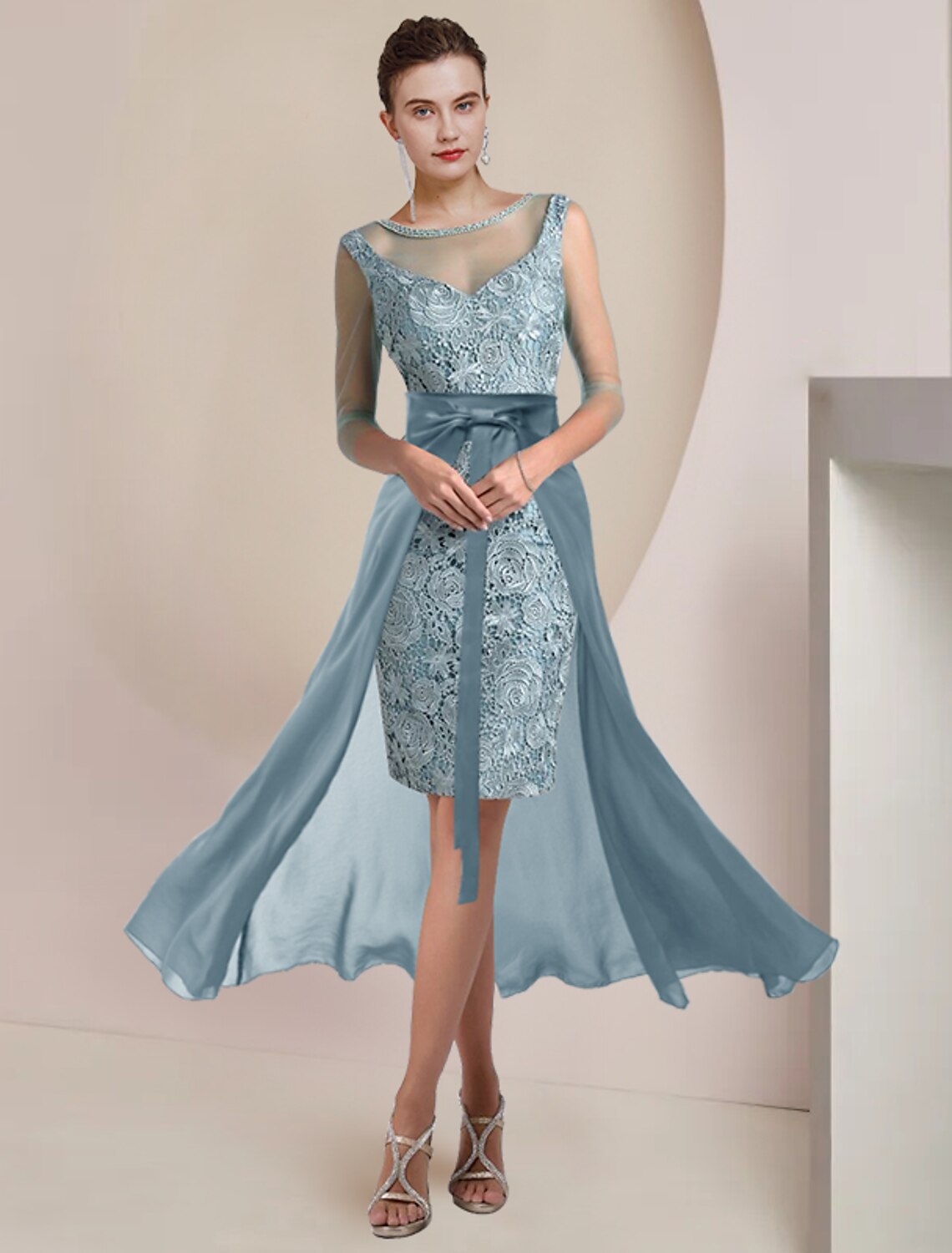 Sheath Chiffon Three-Quarter Sleeve Applique Tea-Length Wedding Dress - Chloe Dress