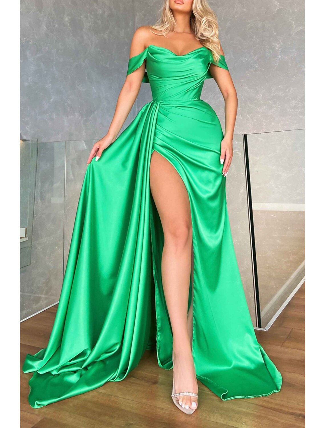 Mermaid Off-Shoulder Silk Sleeveless Backless High Slit Prom Dress - Chloe Dress