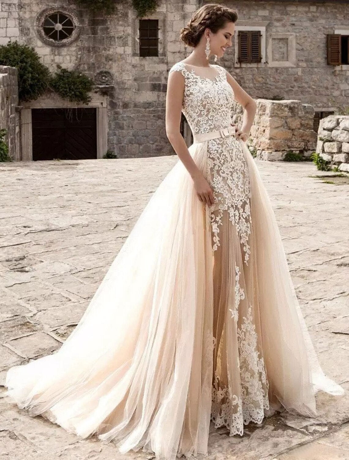 Mermaid Illusion Lace Cap Sleeve Train Wedding Gown - Chloe Dress