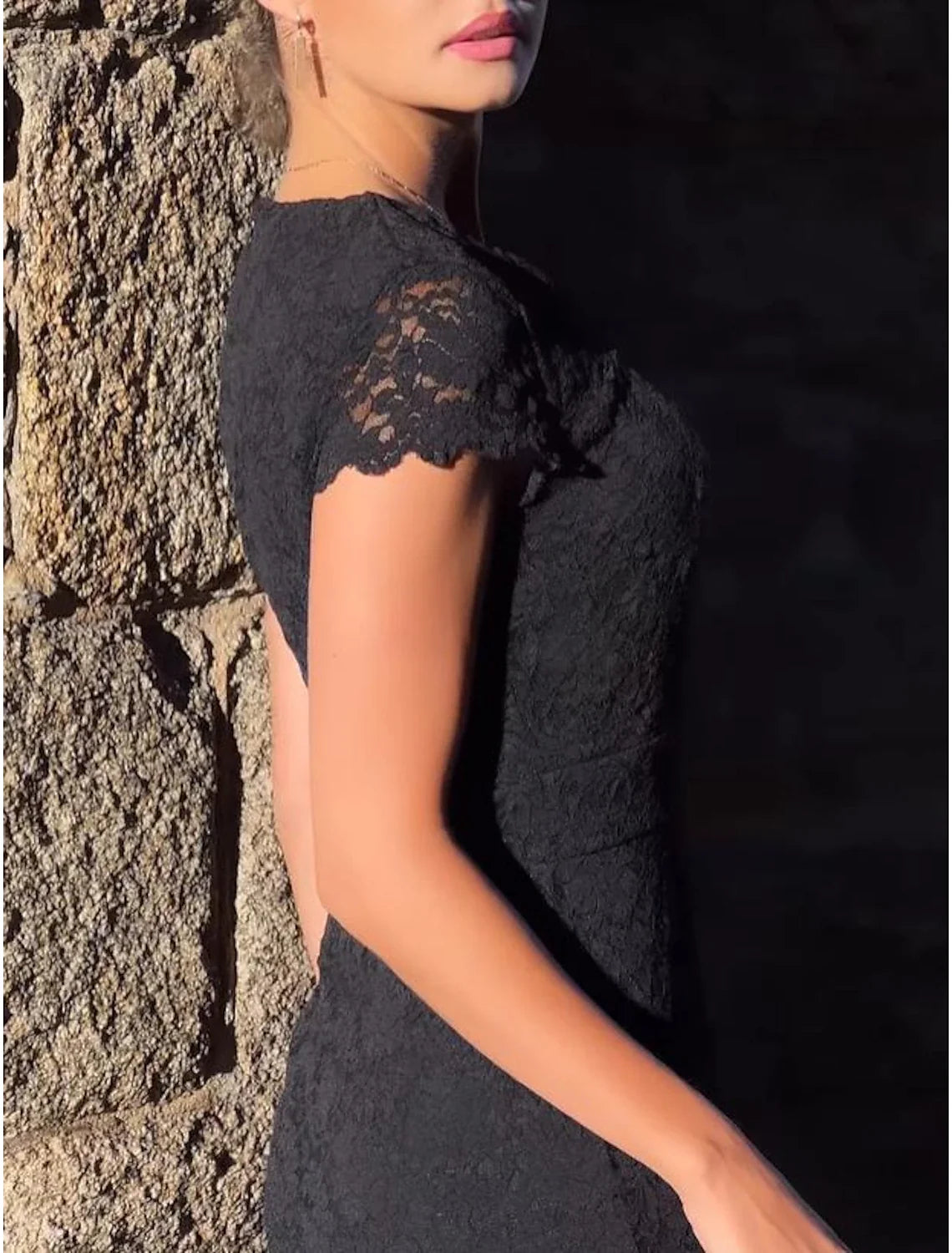 Sheath Square Neck Lace Short Sleeve Applique Mini Evening Dress - Chloe Dress