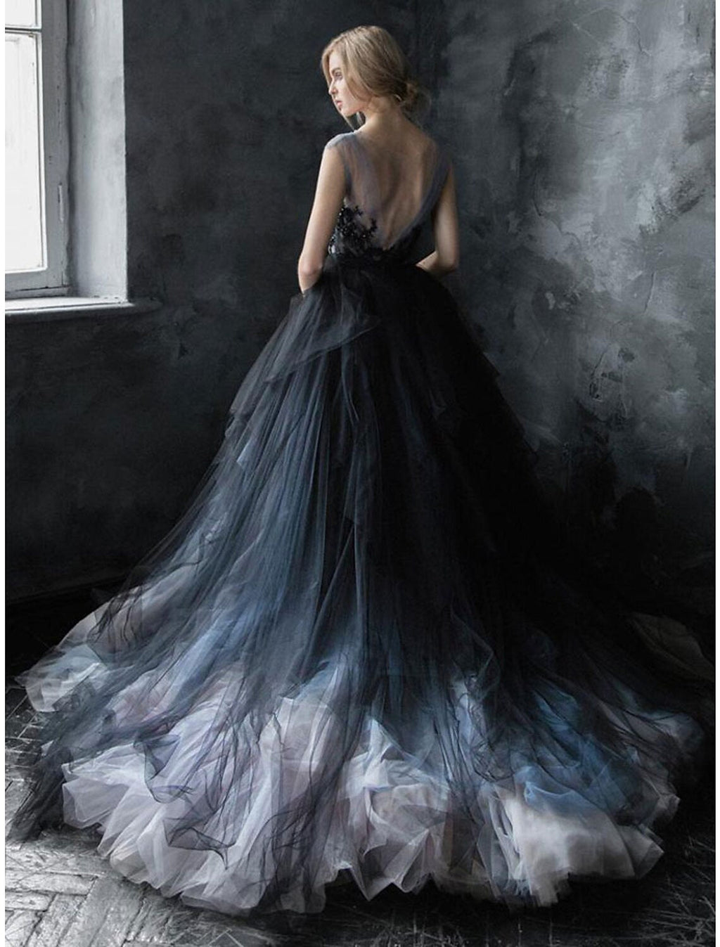 Black Ball Gown V-Neck Tulle Sleeveless Pleated Wedding Gown - Chloe Dress