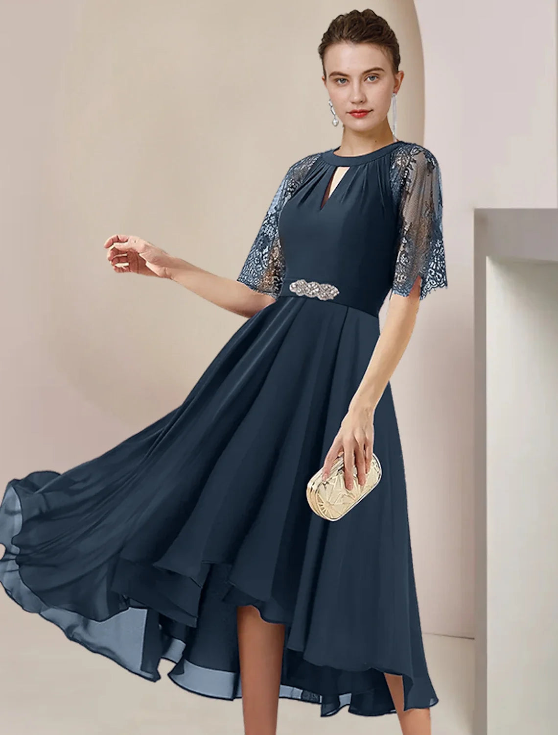 A-Line High Neck Chiffon Three-Quarter Sleeve Pleated Tea-Length Wedding Dress - Chloe Dress