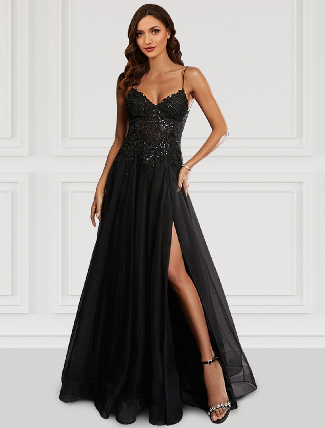 Black A-Line Spaghetti Strap Tulle Sleeveless High Slit Floor-Length Prom Dress - Chloe Dress