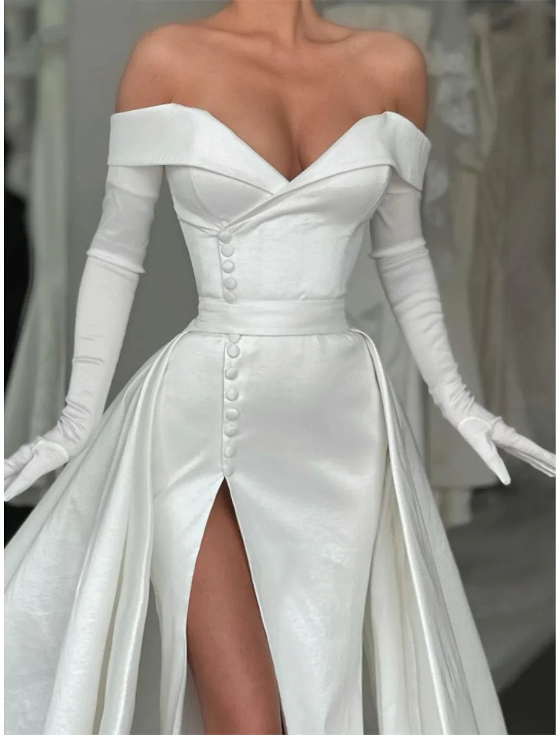A-Line Off-Shoulder Satin Long Sleeve Button Back High Slit Evening Gown - Chloe Dress