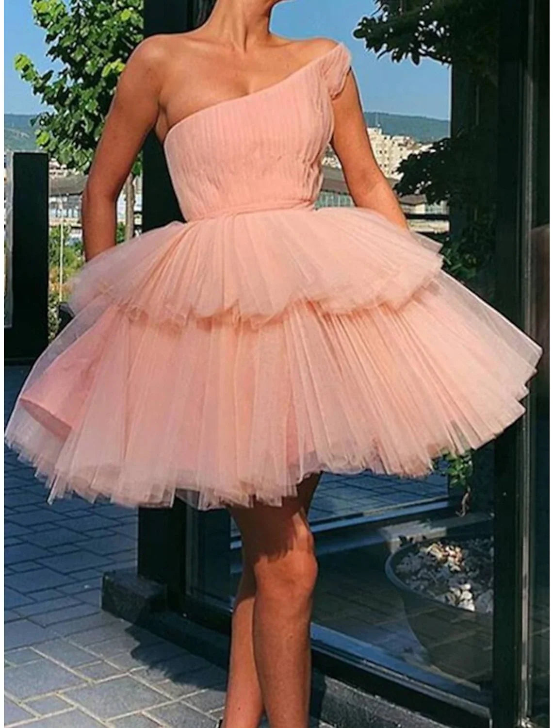 Pink A-Line One-Shoulder Tulle Sleeveless Ruffled Mini Cocktail Dress - Chloe Dress