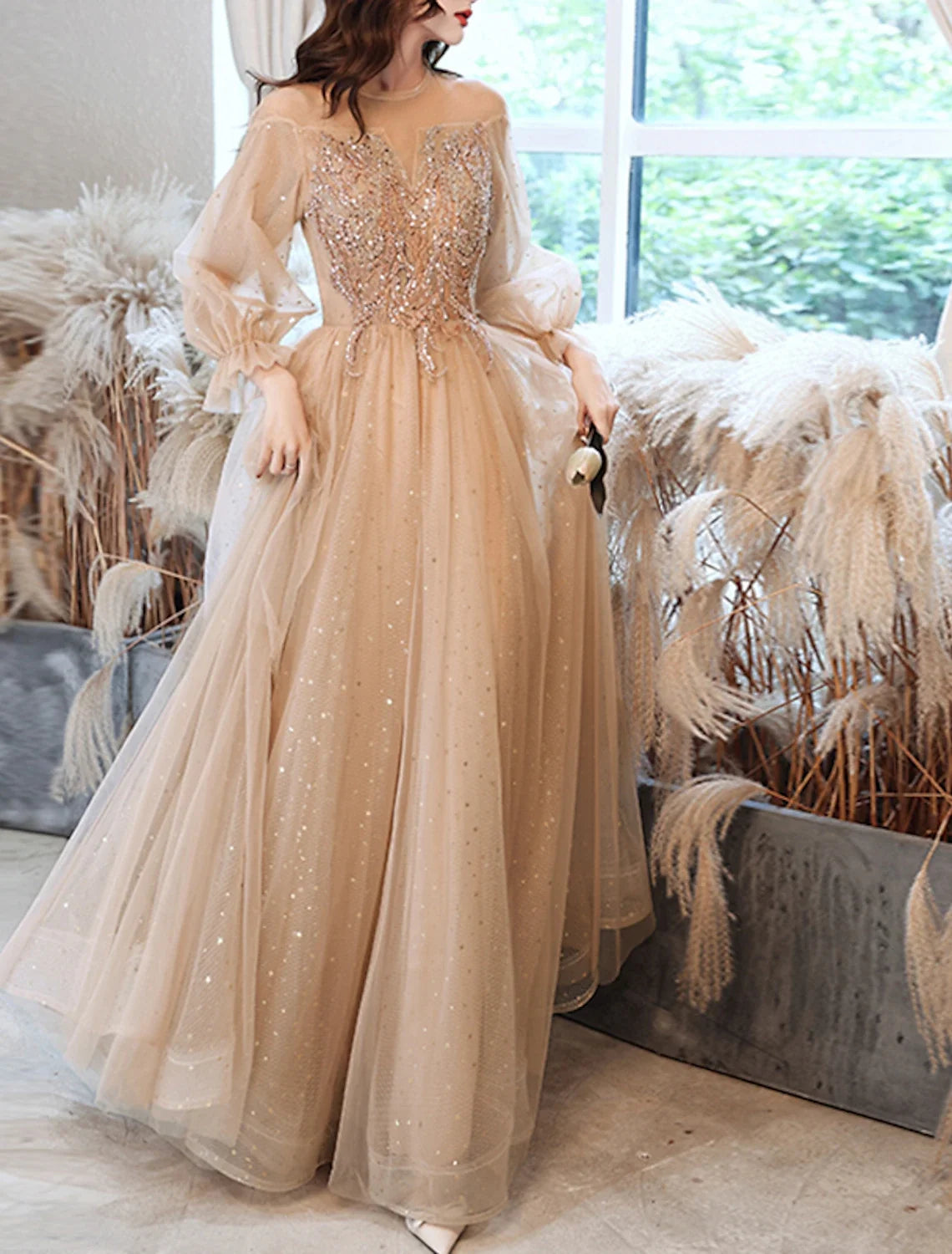 A-Line Lace Long Sleeve Applique Floor-Length Prom Dress - Chloe Dress