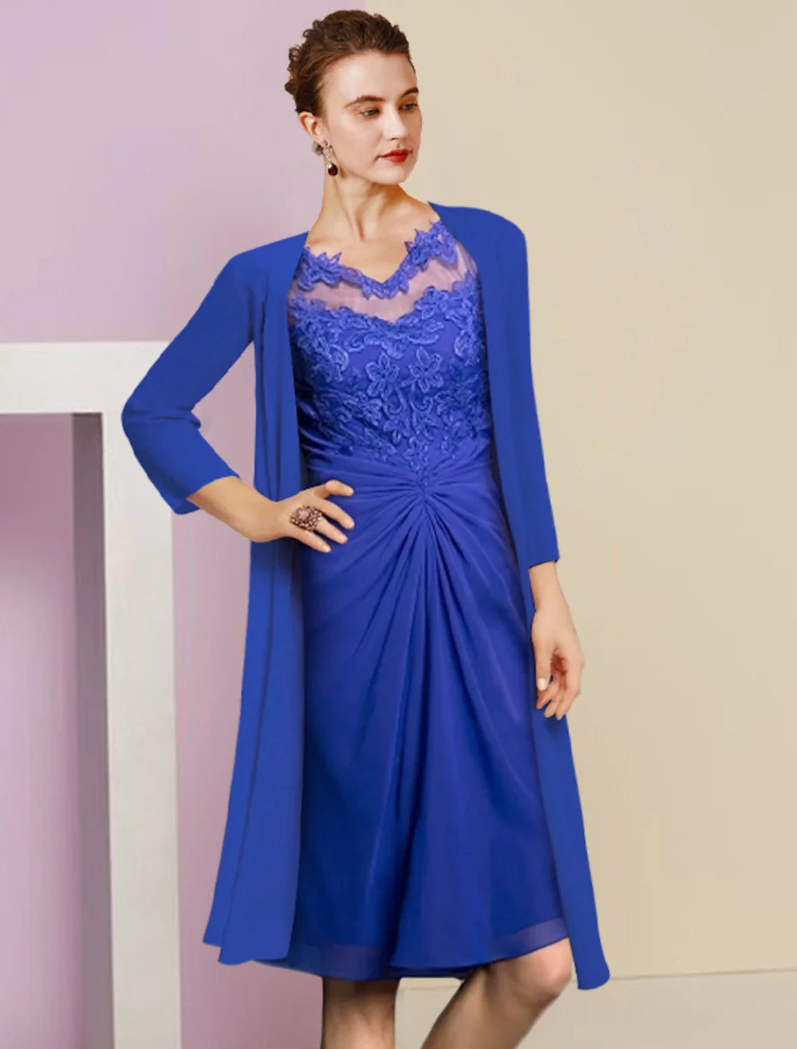 Sheath V-Neck Chiffon Applique Knee-Length Wedding Dress - Chloe Dress