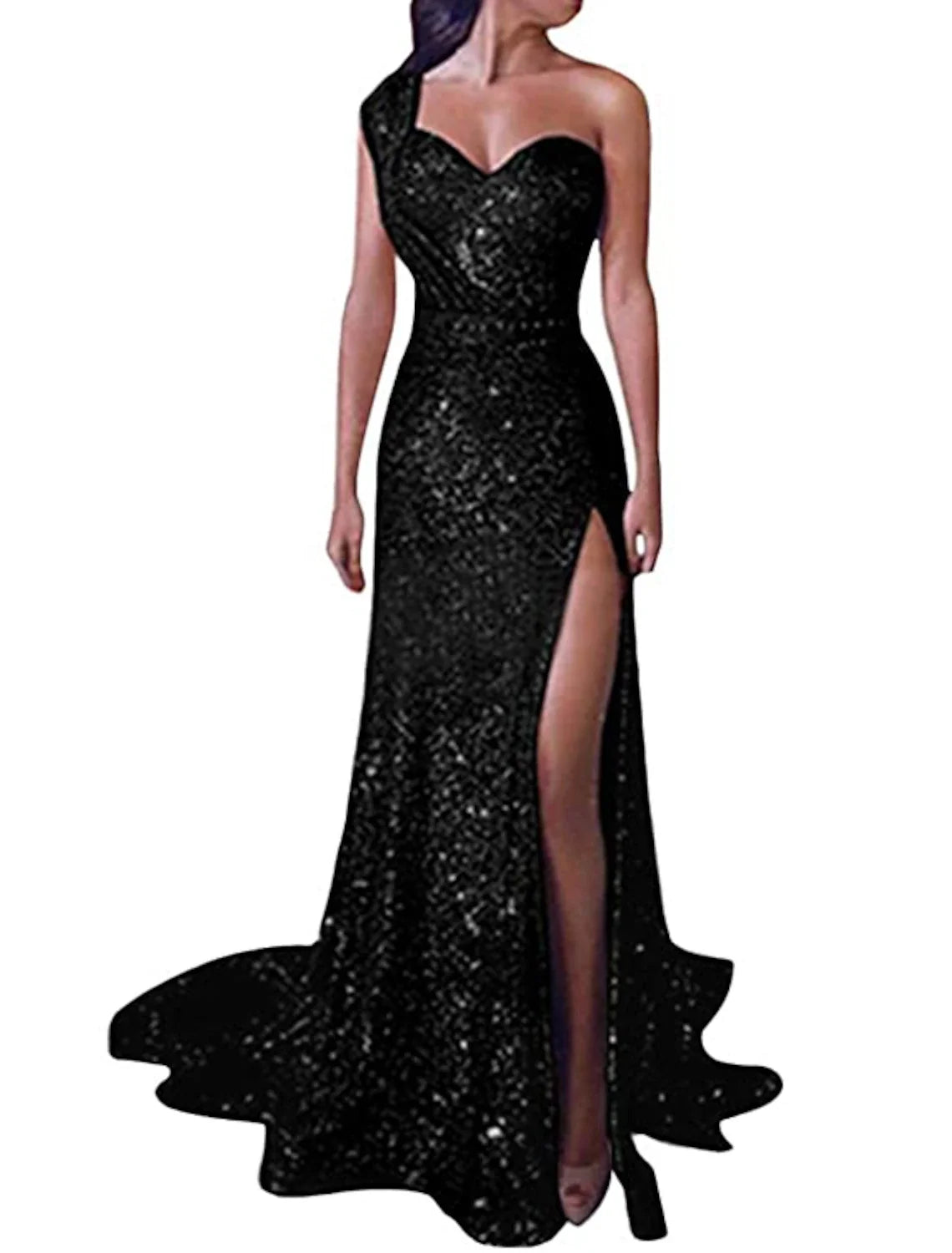 Green Mermaid One-Shoulder Sequin Sleeveless High Slit Evening Dress - Chloe Dress