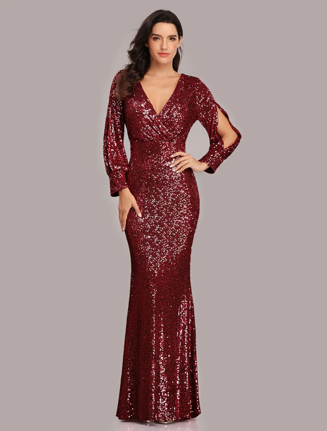 Mermaid V-Neck Sequin Long Sleeve Floor-Length Evening Gown - Chloe Dress