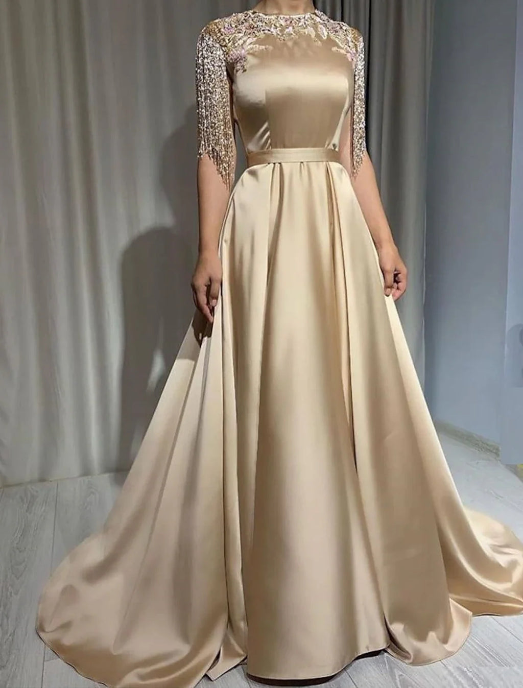 Black A-Line High Neck Satin Short Sleeve Applique Floor-Length Evening Gown - Chloe Dress
