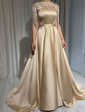 Black A-Line High Neck Satin Short Sleeve Applique Floor-Length Evening Gown - Chloe Dress