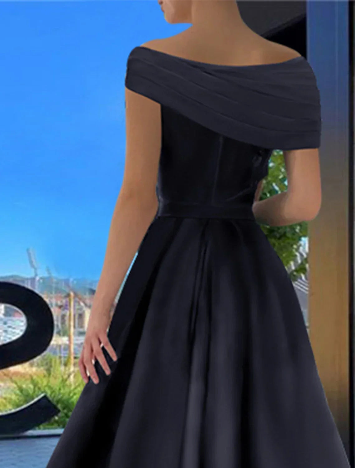 Black A-Line Off-Shoulder Satin Short Sleeve High Slit Floor-Length Prom Dress - Chloe Dress