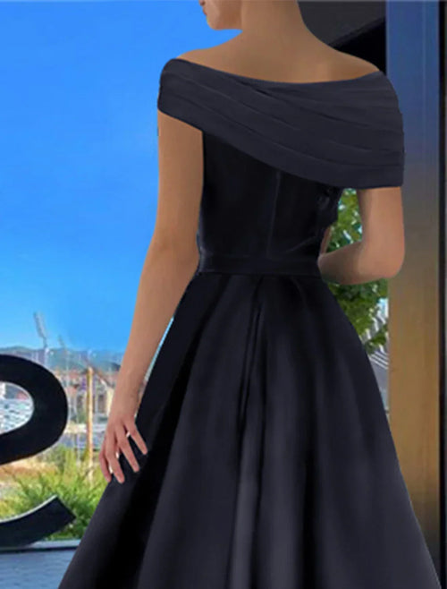 Black A-Line Off-Shoulder Satin Short Sleeve High Slit Floor-Length Prom Dress - Chloe Dress