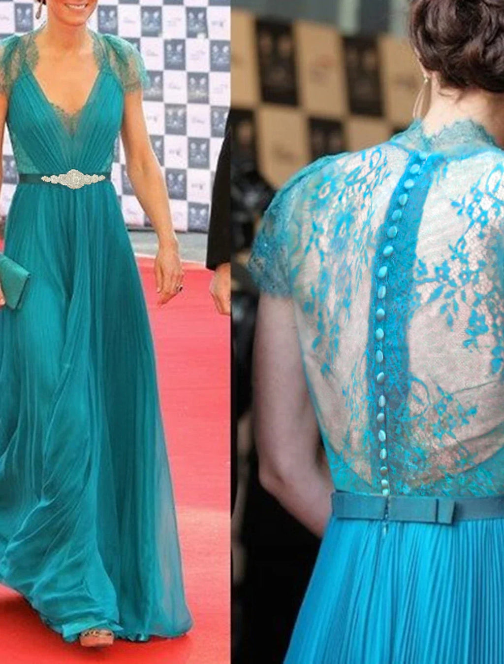 A-Line V-Neck Chiffon Short Sleeve Pleated Floor-Length Evening Gown - Chloe Dress