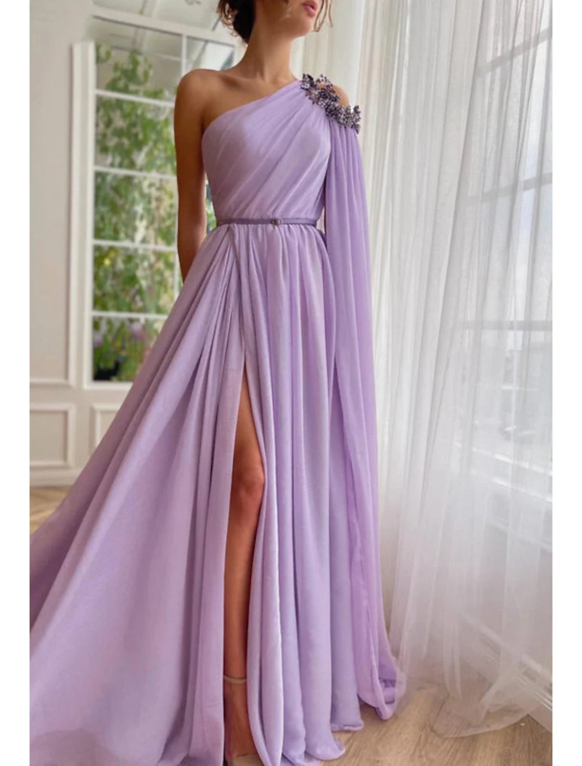 A-Line One-Shoulder Chiffon Sleeveless High Slit Evening Gown - Chloe Dress