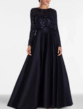 Black A-Line Off-Shoulder Satin Long Sleeve High Slit Floor-Length Evening Gown - Chloe Dress