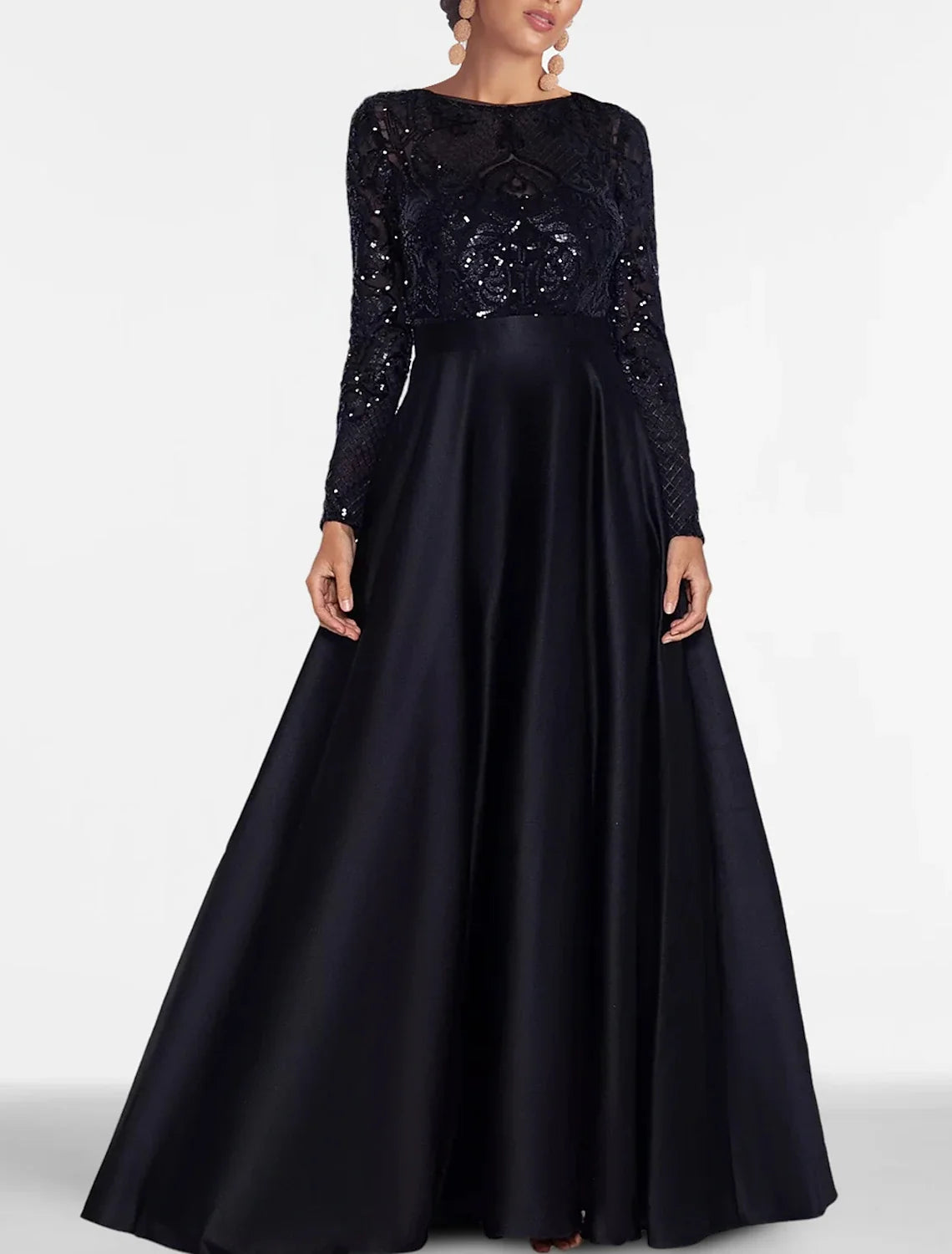 Black A-Line Off-Shoulder Satin Long Sleeve High Slit Floor-Length Evening Gown - Chloe Dress
