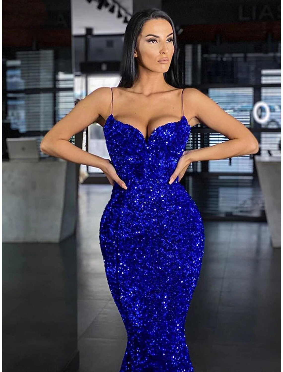 Mermaid Spaghetti Strap Sequin Sleeveless Backless Train Floor-Length Prom Dress - Chloe Dress