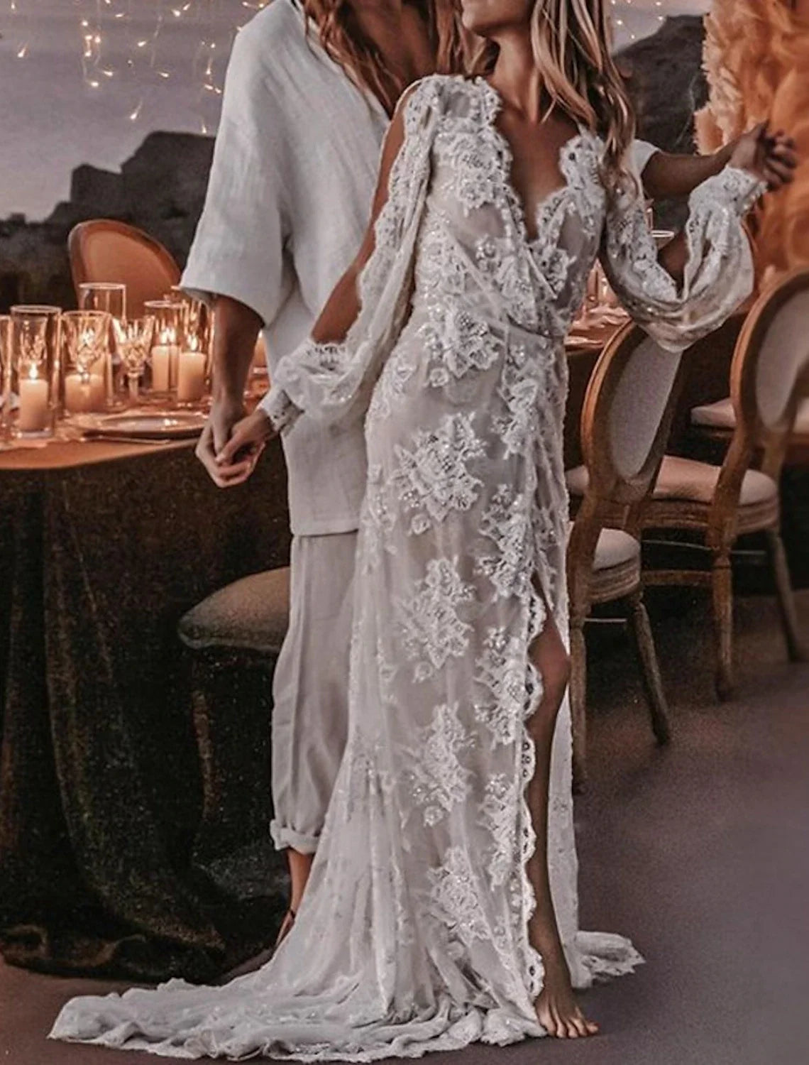 A-Line V-Neck Lace Long Sleeve Train Wedding Gown - Chloe Dress