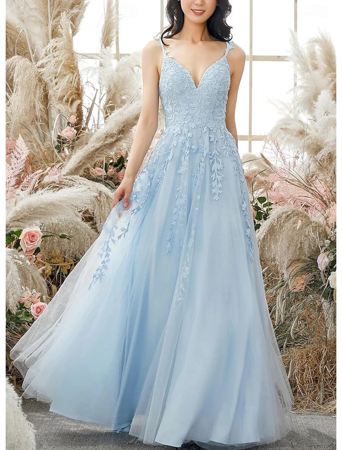 Sheath Spaghetti Strap Tulle Sleeveless Applique Floor-Length Prom Dress - Chloe Dress