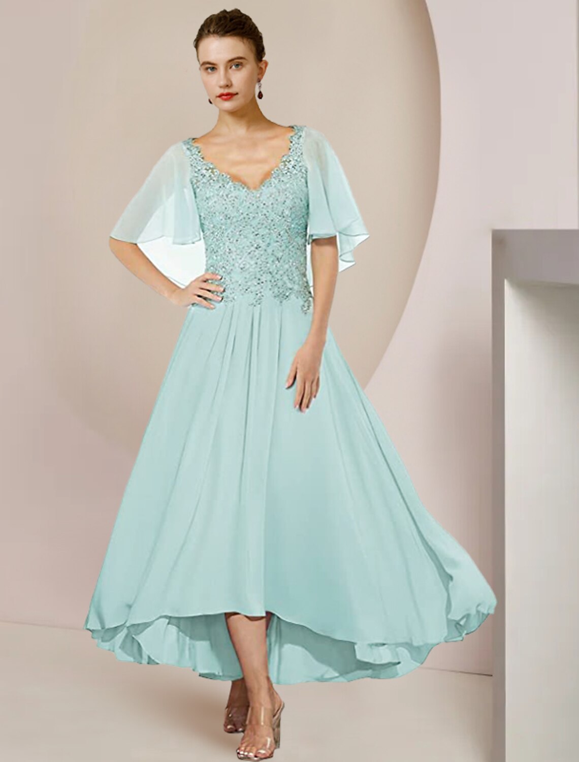 A-Line V-Neck Chiffon Short Sleeve Pleated Mini Wedding Dress - Chloe Dress