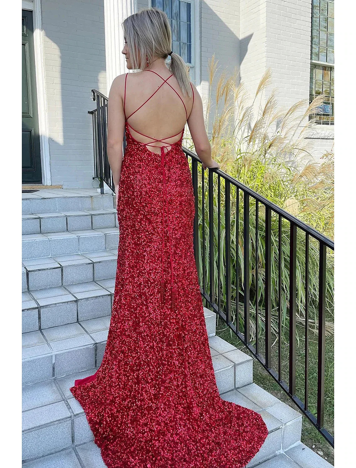 Mermaid Spaghetti Strap Sequin Sleeveless Backless High Slit Prom Dress - Chloe Dress