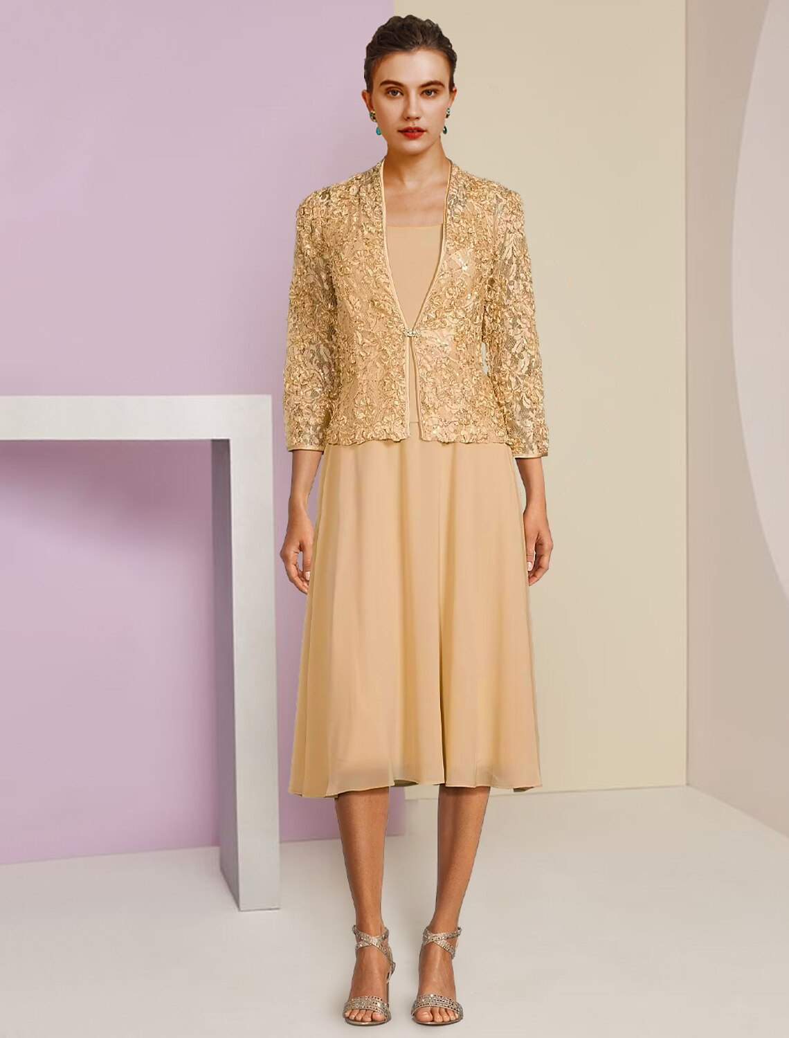 A-Line Chiffon Three-Quarter Sleeve Pleated Tea-Length Wedding Dress - Chloe Dress