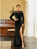 Black A-Line Sequin Long Sleeve High Slit Evening Gown - Chloe Dress