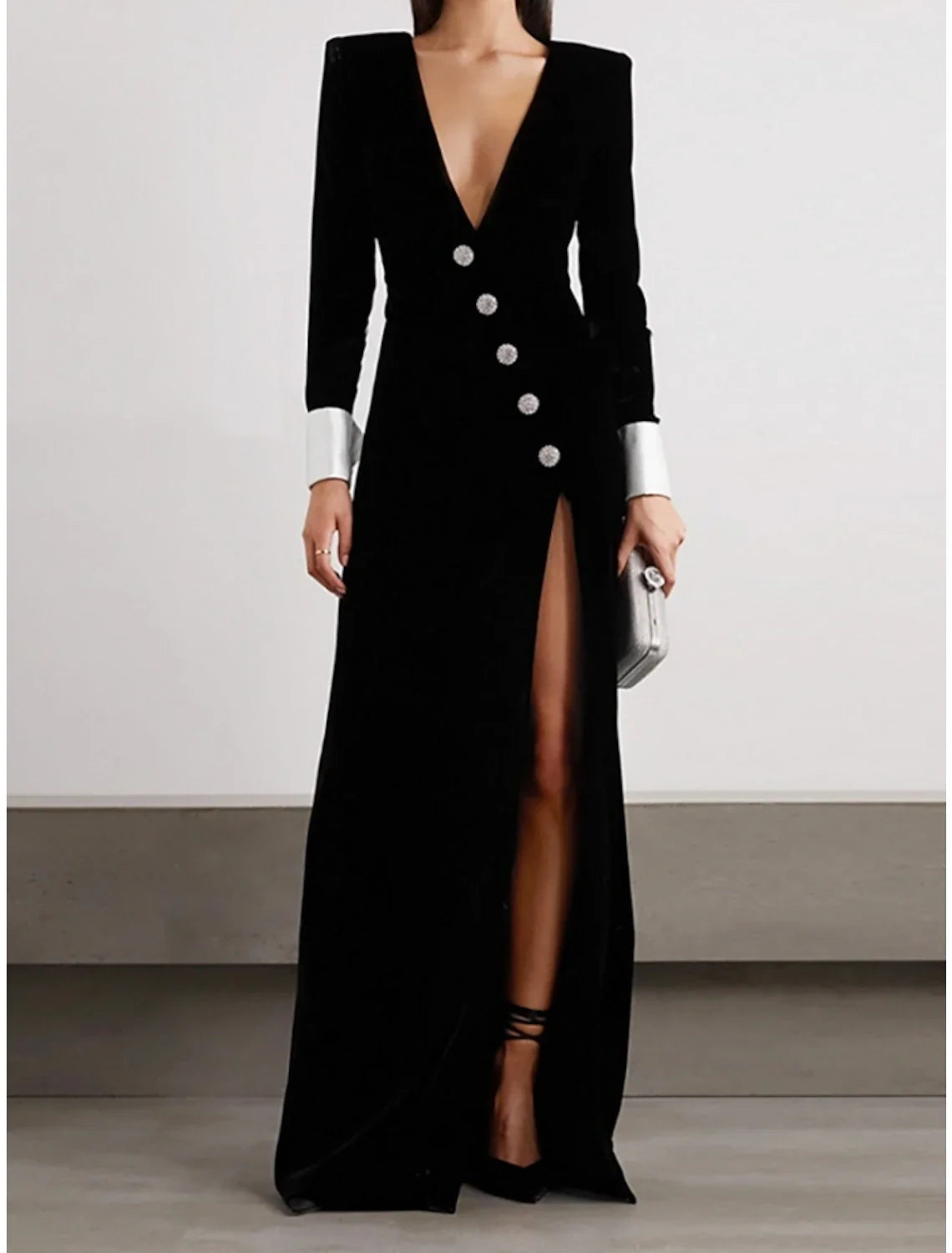 Black A-Line V-Neck Velvet Long Sleeve Button Back High Slit Floor-Length Evening Gown - Chloe Dress