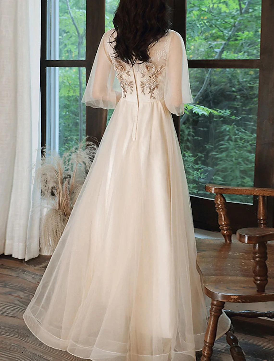 A-Line V-Neck Tulle Applique Floor-Length Prom Dress - Chloe Dress
