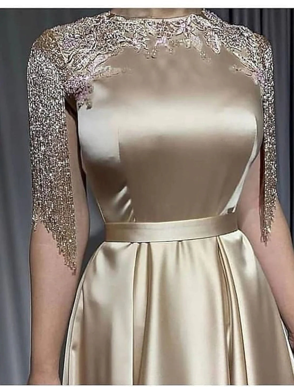 Black A-Line High Neck Satin Short Sleeve Applique Floor-Length Evening Gown - Chloe Dress