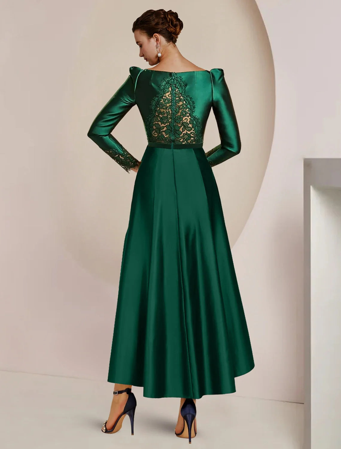 A-Line High Neck Satin Long Sleeve Pleated Tea-Length Wedding Dress - Chloe Dress