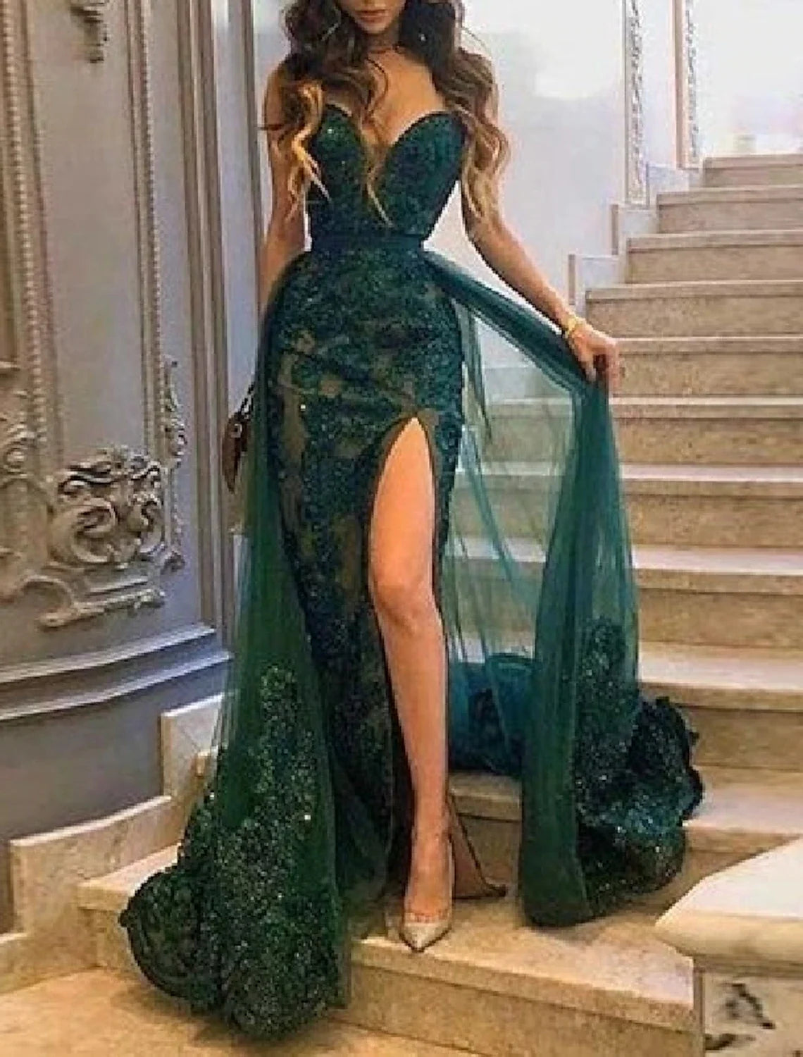 Green Mermaid Strapless Tulle Sleeveless High Slit Prom Dress - Chloe Dress