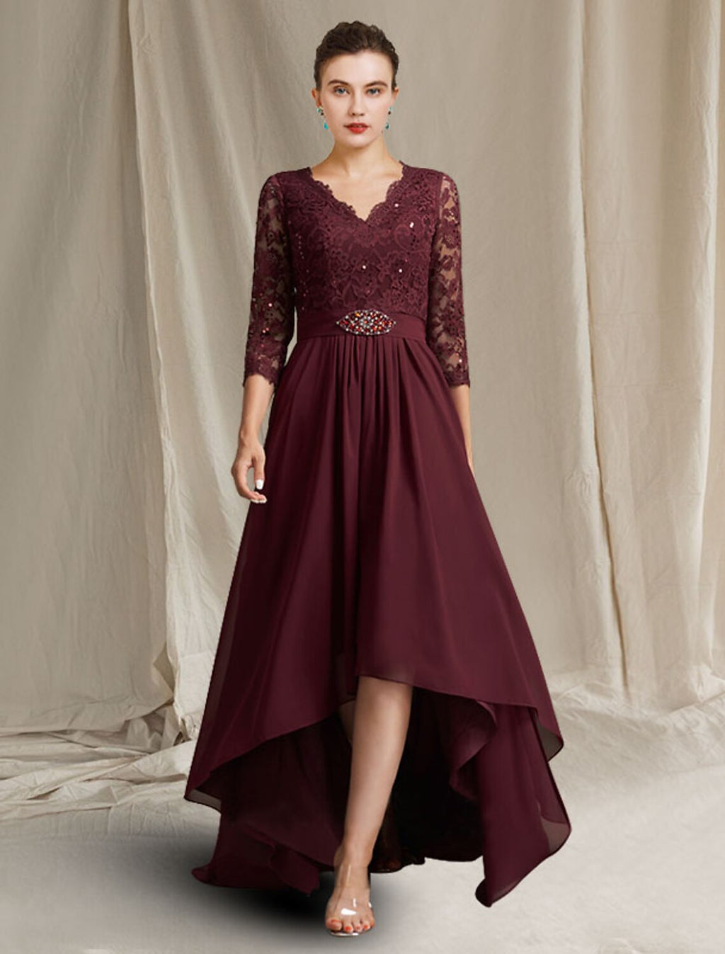 A-Line V-Neck Chiffon Three-Quarter Sleeve Pleated Floor-Length Dress - Chloe Dress