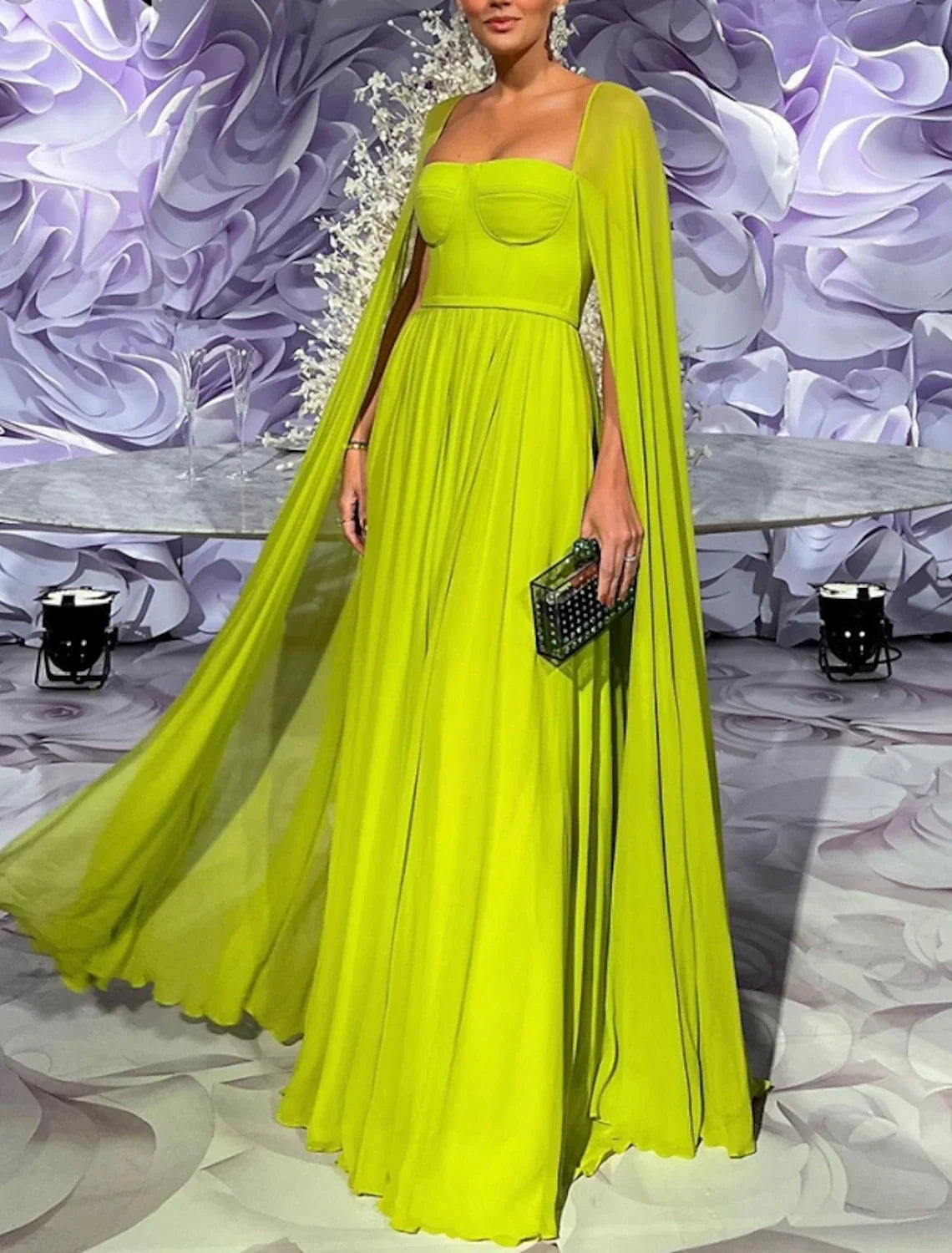 Green A-Line Square Neck Chiffon Long Sleeve Pleated Floor-Length Evening Gown - Chloe Dress