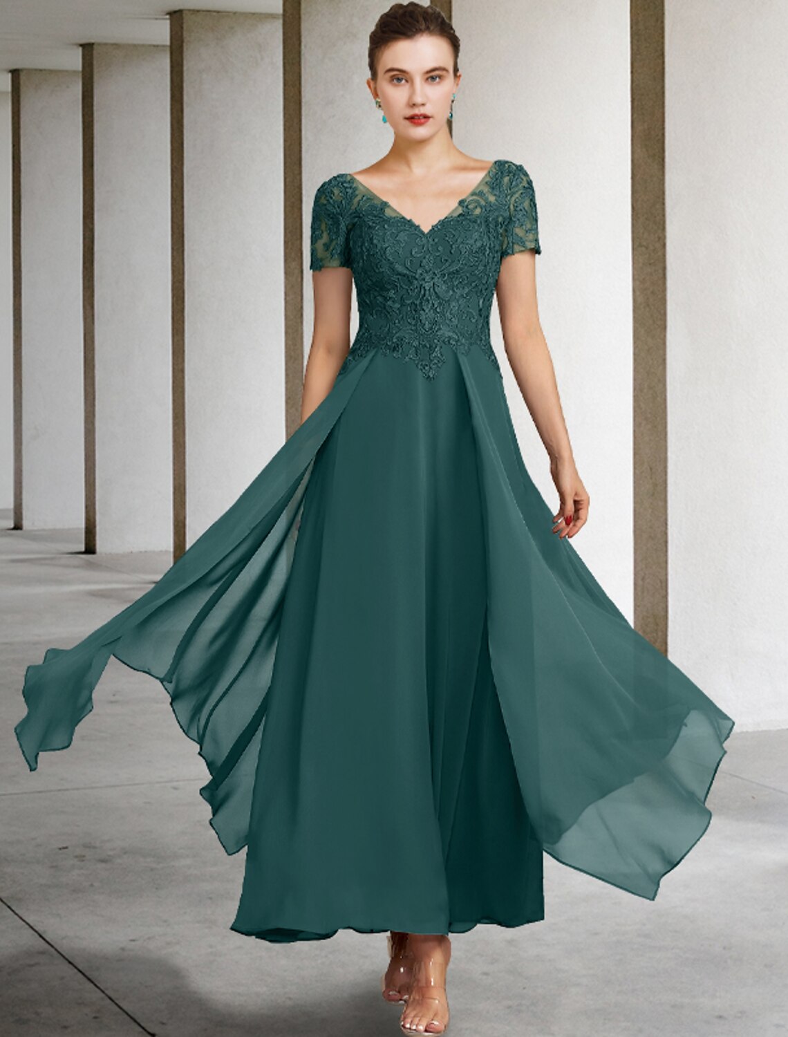 A-Line V-Neck Chiffon Short Sleeve Applique Mini Dress - Chloe Dress