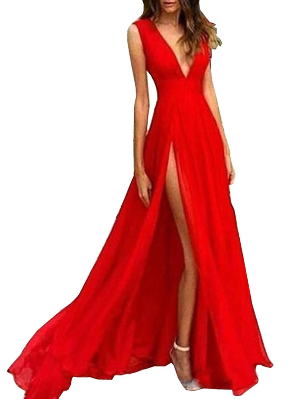 A-Line V-Neck Chiffon Sleeveless High Slit Floor-Length Evening Gown - Chloe Dress