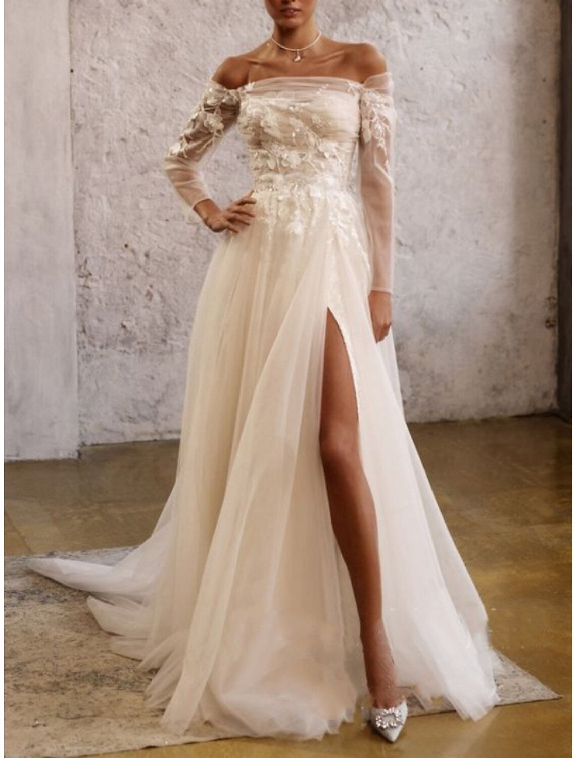 A-Line Off-Shoulder Lace Long Sleeve Pleated Wedding Gown - Chloe Dress