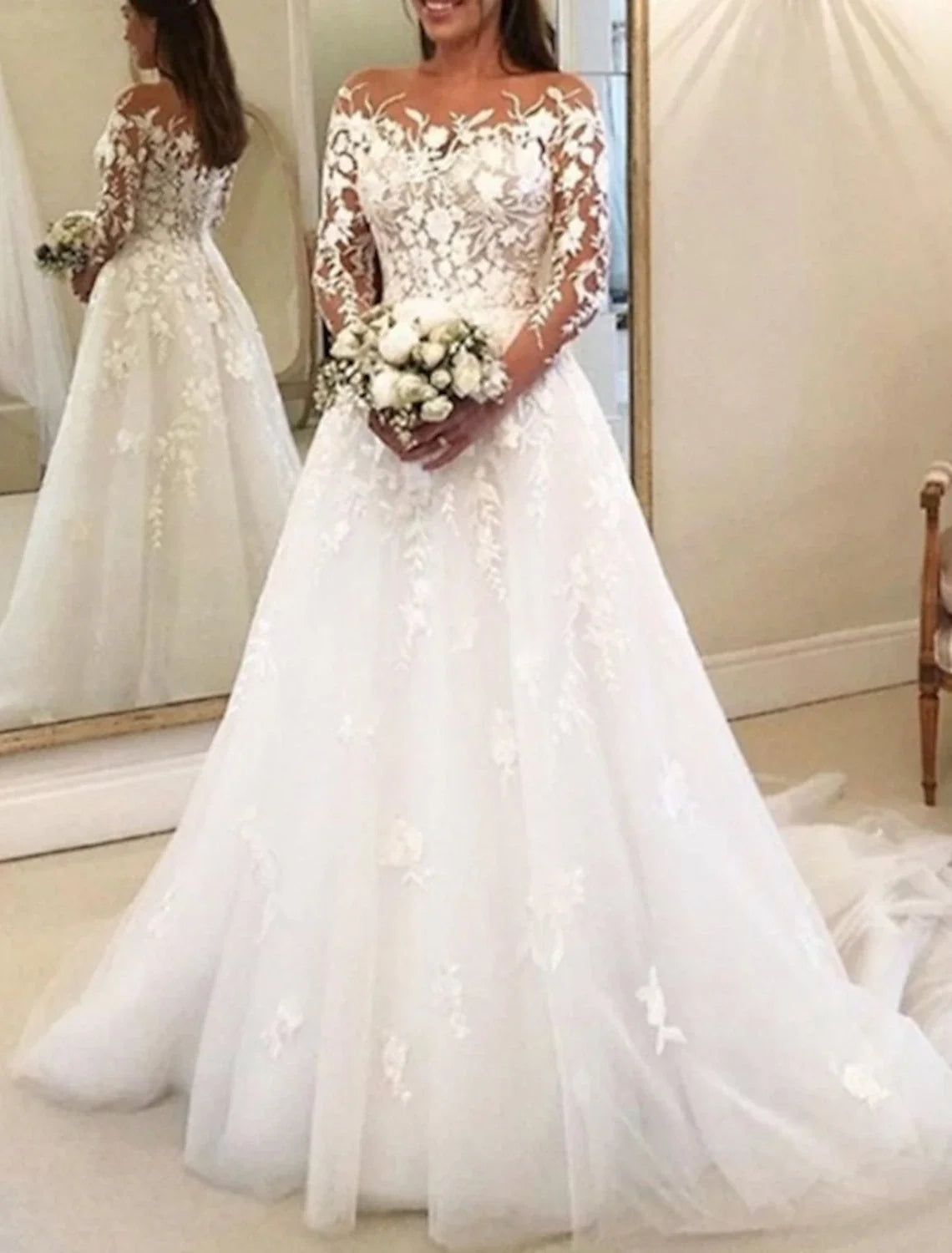 Ball Gown Off-Shoulder Lace Long Sleeve Button Back Train Wedding Gown - Chloe Dress