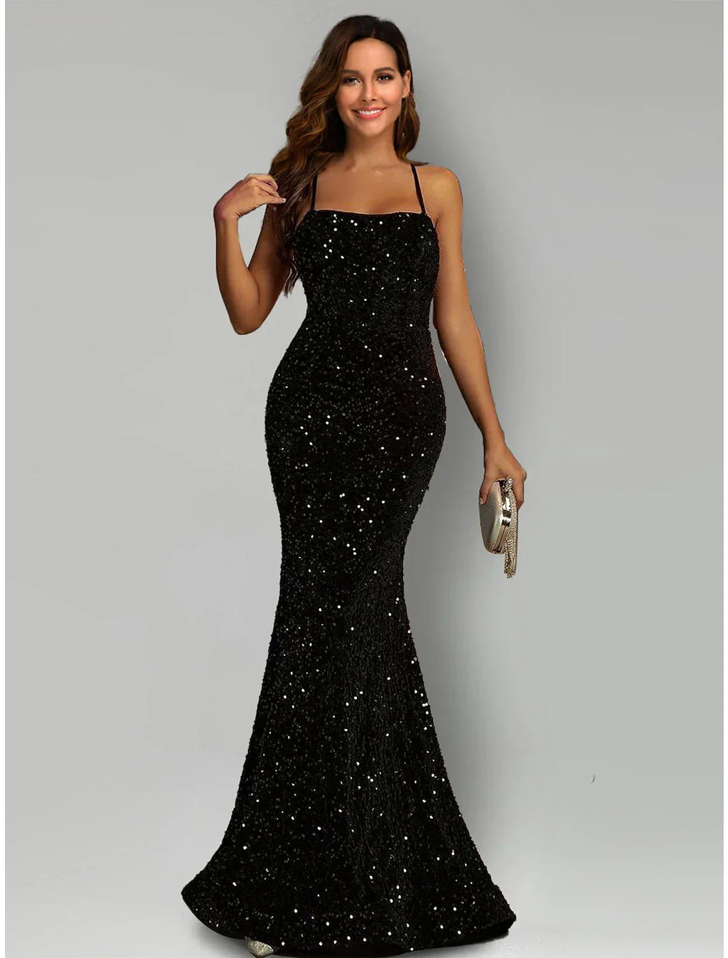 Black Mermaid Halter Sequin Sleeveless Train Evening Gown - Chloe Dress