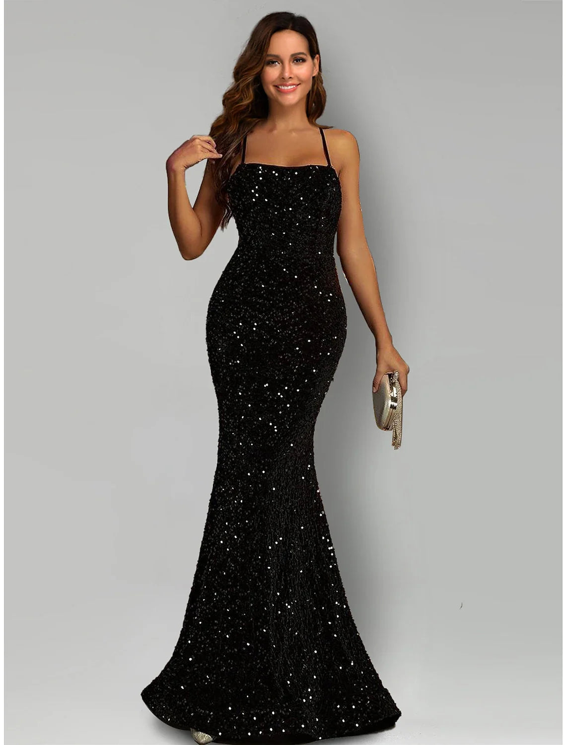 Black Mermaid Halter Sequin Sleeveless Train Evening Gown - Chloe Dress