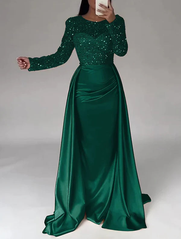 Mermaid Illusion Satin Long Sleeve Floor-Length Evening Gown - Chloe Dress