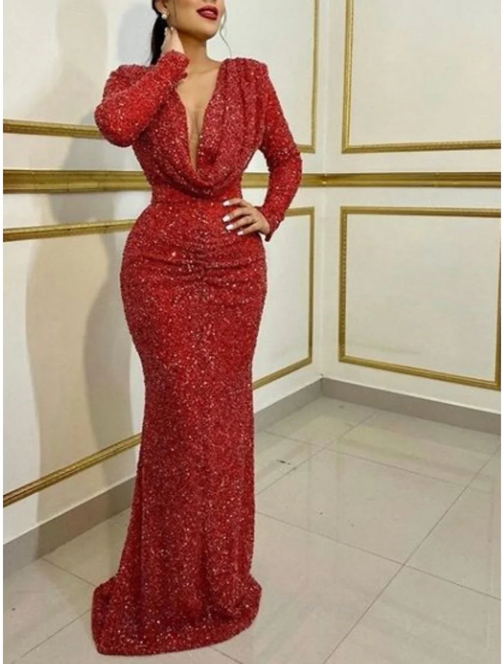 Green Mermaid V-Neck Sequin Long Sleeve Pleated Evening Gown - Chloe Dress