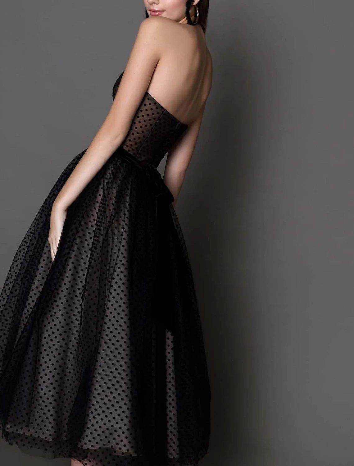 Black Ball Gown Strapless Tulle Sleeveless Tea-Length Cocktail Gown - Chloe Dress