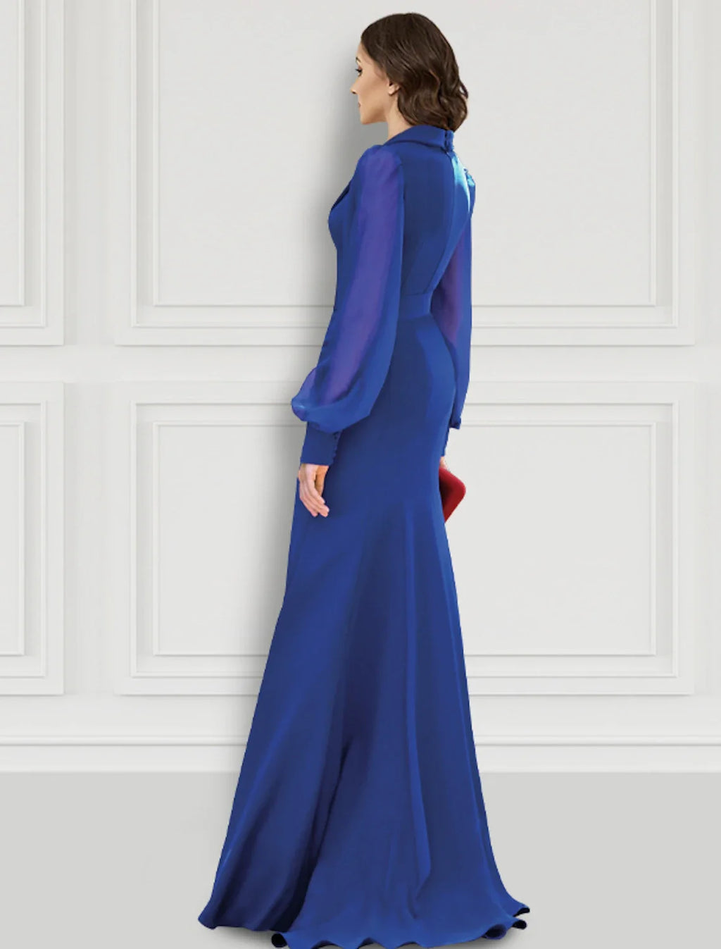 Mermaid V-Neck Long Sleeve Button Back High Slit Evening Gown - Chloe Dress