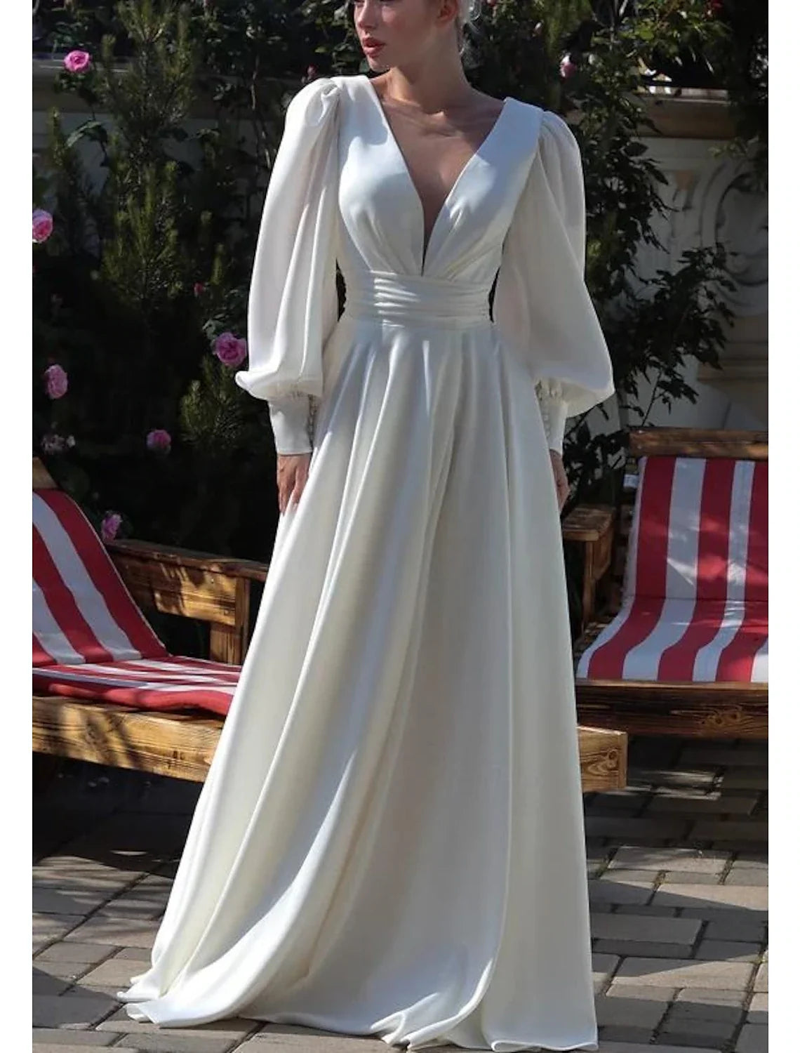A-Line V-Neck Chiffon Long Sleeve Pleated Wedding Gown - Chloe Dress