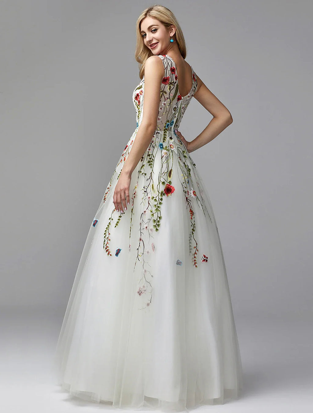 A-Line V-Neck Lace Sleeveless Applique Floor-Length Wedding Dress - Chloe Dress