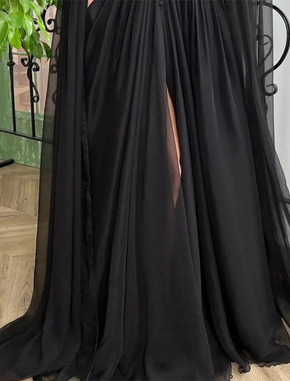 Black A-Line V-Neck Chiffon Long Sleeve Button Back High Slit Evening Gown - Chloe Dress